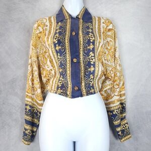 Vintage Silk Blouse Womens XS Baroque Navy Gold Balloon Sleeve Rococo European